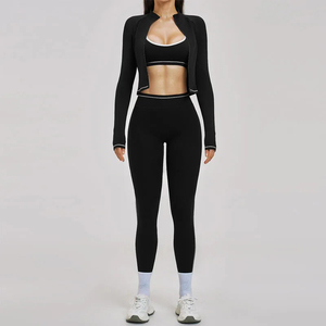 Custom Logo 3PCS <b>Yoga</b> Set Women Nylon Spandex Seamless High Waist Leggings Sports Bra <b>Jacket</b> Activewear Suit - Product Image 2
