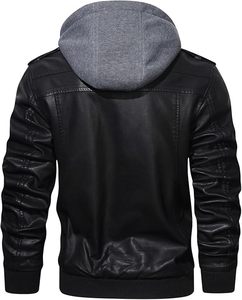 Men's Casual Stand Collar Zip-Up Motorcycle Bomber <b>Jacket</b> PU Faux Leather with Removable <b>Hood</b> - Product Image 6