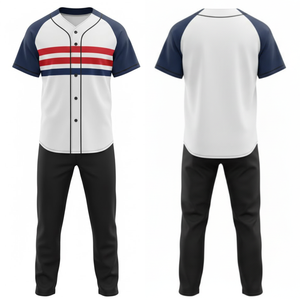 Uniforme de baseball professionnel à manches raglan, maillot blanc avec bandes rouges/bleu marine sur la poitrine et pantalon de performance noir - Product Image 1