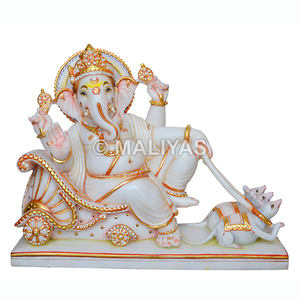 Estatua de Mármol del Señor Ganesha Sentado en un Carro con Ratón para el Templo del Hogar o Pooja - Product Image 1