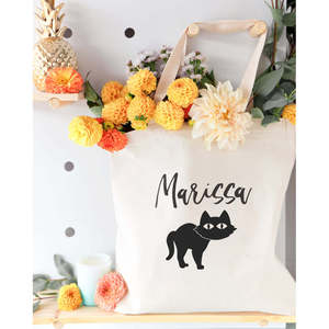 Personalized Black Cat Cotton Canvas Tote Bag with Open Closure Solid Color Pattern - Product Image 4