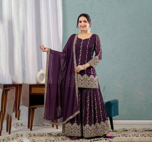 Traje Sharara para Mujer de PinkCityBlocks, Estilo Indio Pakistaní, de Seda, Tradicional, Sin Arrugas, Diseños Gharara, Vestido Sarara Sexy y Hermoso - Product Image 1