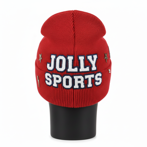 Gorro de punto jacquard de alta calidad para hombre, 280 GSM, suave y elástico, de acrílico, color rojo, con parches de logotipo bordados personalizados, cómodo. - Product Image 2