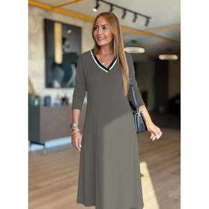Robe mi-longue en modal vert clair à manches longues et col en V pour femme, 29517 - Vert - Product Image 1