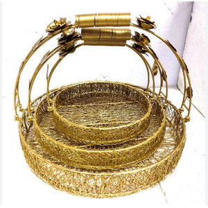 Handmade Round Shape Metal <b>Gift</b> <b>Hamper</b> Basket Superior Quality Gold Color Metal <b>Wedding</b> Basket in India - Product Image 1
