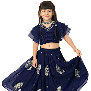 Shoryam Fashion Lehenga Choli pour enfants, bleu, brodé, manches évasées, longueur au sol |   Robe de fête ethnique indienne traditionnelle pour - Product Image 1