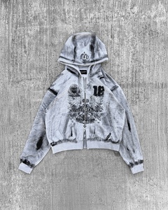 Distressed Zip UpVintage Acid Wash Heavyweight Full Zip Hoodie and Shorts Set Screen Printed Graphic Y2K Streetwear Tracksuit - Product Image 4