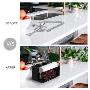 ที่ใส่เครื่องครัวไม้พิมพ์ลายสำหรับวางบนเคาน์เตอร์ครัว ที่เก็บของราคาประหยัดสำหรับช้อน ส้อม และอุปกรณ์ต่างๆ งานไม้พิมพ์ลายทำมือ - Product Image 3