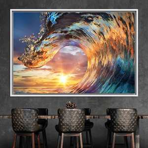 Tableau sur toile Sunset Wave : Décoration murale de paysage marin encadrée or, TOILE ENCADRÉE BLANCHE - Product Image 1
