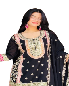 Impresionante traje recto con estampado de Greenbandhej con tops largos Pure Crepe Palazzo Gorgeous Beadwork Dupatta Todos emparejados - Product Image 1