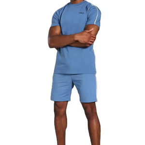 Nouveau été hommes ensemble court costume à manches courtes t-shirt et short deux pièces double ensemble respirant coton T-Shirt - Product Image 4