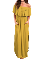 Robe longue d'été décontractée pour femme, à épaules dénudées, en tissu tissé, avec volants et poches, idéale pour la plage