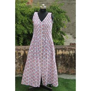 Indien Floral main bloc imprimé Maxi robe femmes été une pièce sans manches Style bohème lin coton parfait cadeau elle - Product Image 1