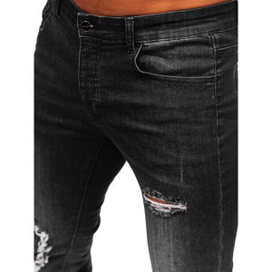 กางเกงยีนส์สีดำสุดทุกข์สำหรับผู้ชายสไตล์สลิมฟิตเข้ารูปผิวขรุขระฟอกสีและเย็บทนทานสำหรับแฟชั่นสตรีทแวร์ - Product Image 5