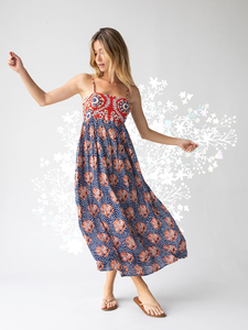 Femmes à la mode col en v imprimé fleuri genou longueur robe tissée été coupe évasée 100% coton rayonne décontracté avec bouton décoration - Product Image 2
