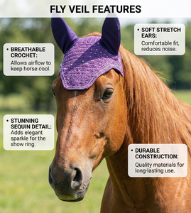 Voile anti-mouches pour cheval en crochet violet avec détails en sequins, protège-oreilles assortis, bonnet équestre fait main, rembourré et de haute qualité pour - Product Image 3