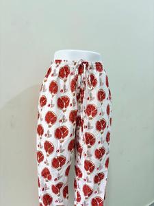 Pantalones de salón estampados de algodón 100%, diseño Floral Granada roja, cintura elástica, Pantalón recto, encaje transpirable decorado para el verano - Product Image 4