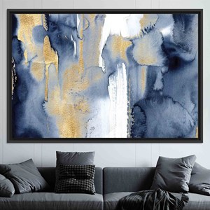 Toile imprimée élégante en verre abstrait bleu et or, toile encadrée noire - Product Image 1