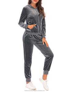 Conjunto de ropa deportiva Vintage de Color sólido para mujer, conjunto de pantalones y Sudadera con capucha informal con decoración de encaje, conjuntos de terciopelo para correr con cremallera - Product Image 5