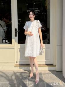 ชุดเดรสลำลองสำหรับคุณแม่, ชุดเดรส V1223แขนสั้นผ้าชีฟองเนื้อนุ่มปักลายผูกโบว์ผ้าคอตตอนเนื้อนุ่มกันไฟฟ้าสถิตสำหรับฤดูร้อน - Product Image 3