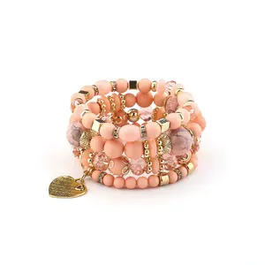 Bestone Venta caliente estilo étnico bohemio pulsera multicapa cuentas de corazón de cristal joyería de mano para mujer al por mayor