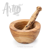 Mortier et pilon en bois d'olivier à surface plate |   Outil de cuisine tunisien fait main |   OEM / Vente en gros