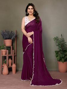 Summer Collection Perfect <b>Satin</b> Saree with Embroidery Work <b>Blouse</b> and Pum Pum Lace Plain Design for Adults - Product Image 4