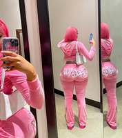 Setelan Training Wanita Bahan Velour 2 Potong, Hoodie Beritsleting dengan Hiasan Berlian Imitasi dan Celana Jogger, Pakaian Senada, Logo Kustom, Produsen Grosir