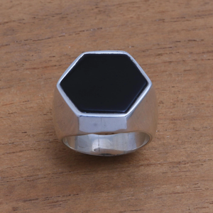 Bague de mariage punk unisexe en argent sterling 925 avec onyx hexagonal, faite à la main, prix d'usine, pour cadeau ou fête - Product Image 5
