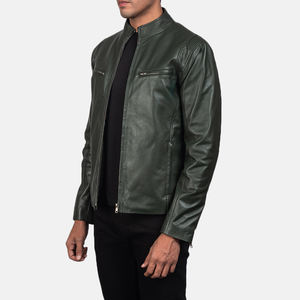 Chaqueta de Lona y Cuero Genuino de Alta Calidad para Hombre, Cuello Alto, Estilo Urbano, Color Sólido, con Doble Cremallera Frontal y Logotipo - Product Image 3