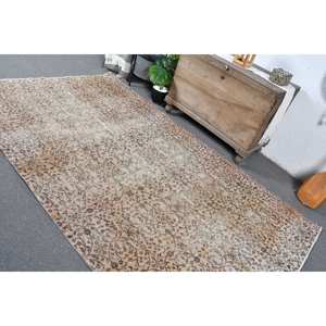 Alfombra de lana marrón beige hecha a mano Vintage, alfombras turcas rectangulares de 5,3x9 pies, diseño de retazos para sala de estar, cabecera, respaldo de látex - Product Image 4