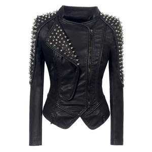 Elegante cuello vuelto cuero Moto Biker negro Punk chaqueta prendas de vestir exteriores mujeres cuero suave tachonado y picos Biker chaqueta abrigo - Product Image 1