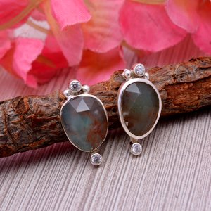 Natural Aquaprase 13X11mm Gemstone Cz <b>Set</b> Silver Bezel Stud Earring 5.51 Gms Handmade Wedding Bezel <b>Jewellery</b> Christmas Gift - Product Image 2
