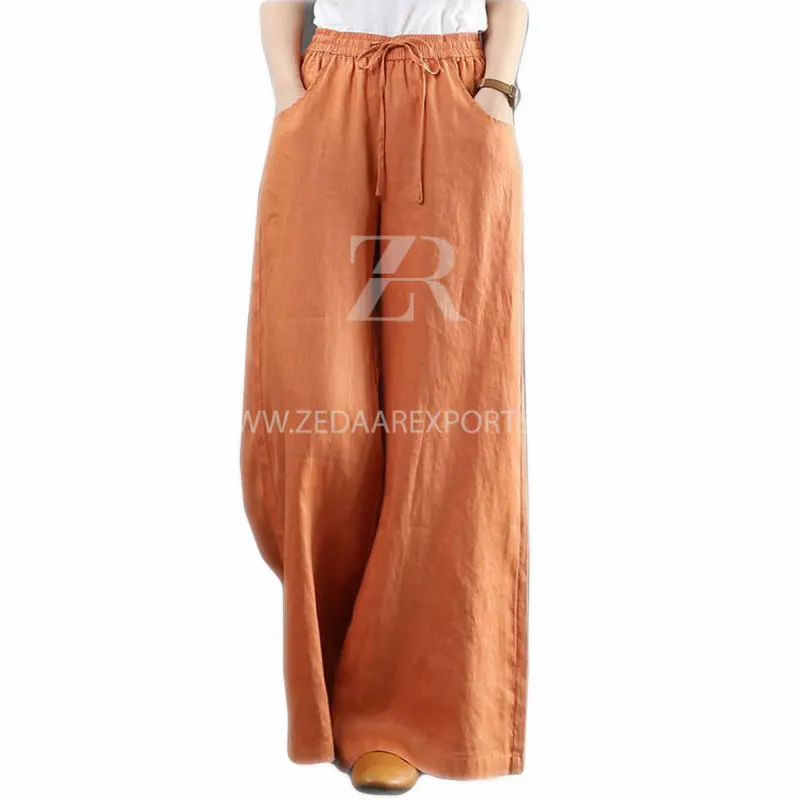 Pantaloni a gamba larga con coulisse in lino da donna pantaloni Casual da indossare pantaloni di lino sostenibili ad alta resistenza realizzati da Zed Aar Exports