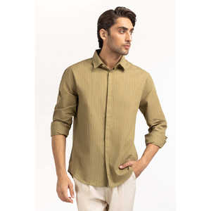 Chemises décontractées pour hommes, double boutonnage, 80 % coton, 20 % lin, popeline rayée, teinture unie, fourniture ODM - Product Image 4