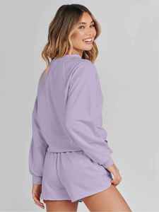 Ensemble sweat-shirt et short décontracté à col montant pour femme, logo personnalisé, hiver, 100% polyester, anti-boulochage, 2 pièces - Product Image 4