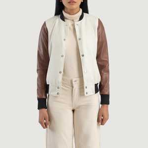 Precio de fábrica Savant White & Brown Chaqueta universitaria híbrida para mujer Chaqueta de béisbol para mujer Chaqueta corta de lana con letras para mujer - Product Image 6