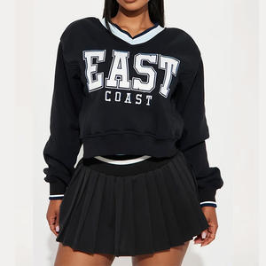 Custom Logo 2pcs Women's Embroidered O-neck Long Sleeve Sweatshirt Casual Top <b>Elastic</b> High <b>Waist</b> 2 in 1 Short <b>Skirt</b> Set - Product Image 2