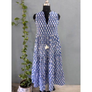 Camisón Largo de Verano para Mujer, de Algodón Puro, Ecológico, Lavable, con Cuello en V, Sin Mangas, Estampado Floral Bohemio, Estampado a Mano, Ligero - Product Image 1