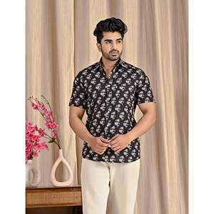 เสื้อเชิ้ตผ้าฝ้ายป๊อปลินสีดำสำหรับผู้ชาย คอตั้ง แขนครึ่ง ไซส์ 6XL สำหรับทำงาน - Product Image 1