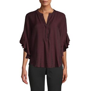 Top da Donna con Collo Plissettato e Maniche a Volant, Marrone, Taglie S-XL, in Chiffon e Lino, Colletto Arricciato con Logo, per Primavera e Autunno - Product Image 1