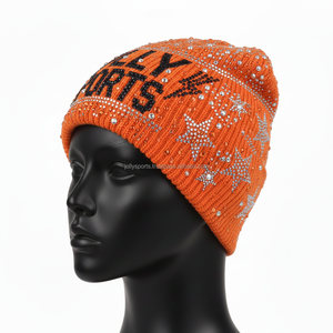 Gorro de punto para mujer, tejido acrílico suave, color naranja, logotipo personalizado tejido con diseño de diamantes de imitación brillantes, gorro jacquard. - Product Image 3
