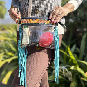 Sac à main transparent à franges de créateur, élégant, en cuir sculpté à la main, couleur turquoise tournesol, pour femmes - Product Image 1