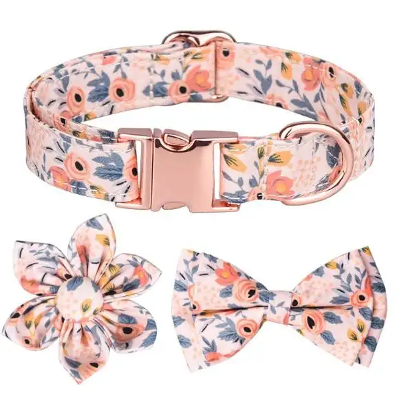 Logo personnalisé chien chiot nœud fleur coton tissu nœud papillon or rose collier de chat réglable avec laisse