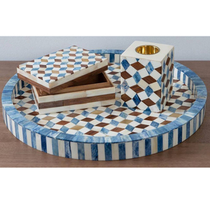 Bandeja de servicio con incrustaciones de resina y hueso azul brillante de grado alimenticio con portalápices con incrustaciones de hueso de Star Crafts India con juego de caja - Product Image 6