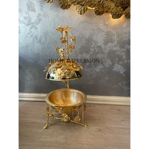 Espejo de vidrio transparente de alta calidad con hojas y flores chapadas en oro de alta calidad Soporte de base de diseño y tapa superior Plato de frotamiento - Product Image 5