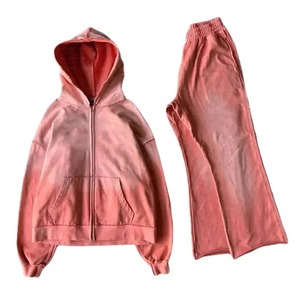 Custom Logo Sun Faded Acid Wash Fleece <b>Oversized</b> Training Wear Sweatsuits <b>Sweatpants</b> And Zip Up Hoodie Set Tracksuit For Men - Product Image 6