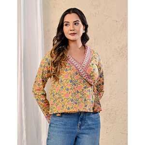 Blusa Elegante Amarilla para Mujer con Estampado Jaal, Cuello Asimétrico, Decoración Lateral con Bordado Dori, Tela Popelina, Corte Holgado, Talla XL, para Oficina - Product Image 6