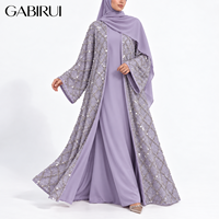Ensemble 2 pièces pour femmes musulmanes : Kimono de luxe à sequins et pompons, Abaya Dubaï, Robe intérieure en satin, Abaya florale longue avec perles.