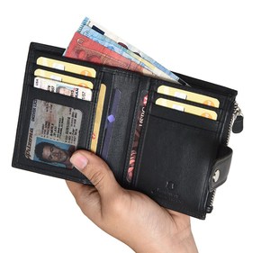 Black Leather Bifold <b>Wallet</b> with Zipper Pocket <b>RFID</b> <b>Blocking</b> Flip ID Window Multi Card Slots Compact Cash Holder for Men - Product Image 1